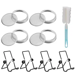 4PCS 86mm Stainless Steel Screen Sprout Lids, 4PCS Stand, and 1PCS Canning Brush, for Wide Mouth Mason Jar, for Growing Broccoli, Alfalfa, Mung Bean, Without Mason Jar