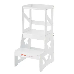 VEVOR Toddler Step Stool,  , Natural Pine Wood Kids Kitchen Stool Helper with Safety Rail, Standing Tower Learning Stool for Bedroom Bathroom Kitchen Counter, 150LBS Loading Capacity, White