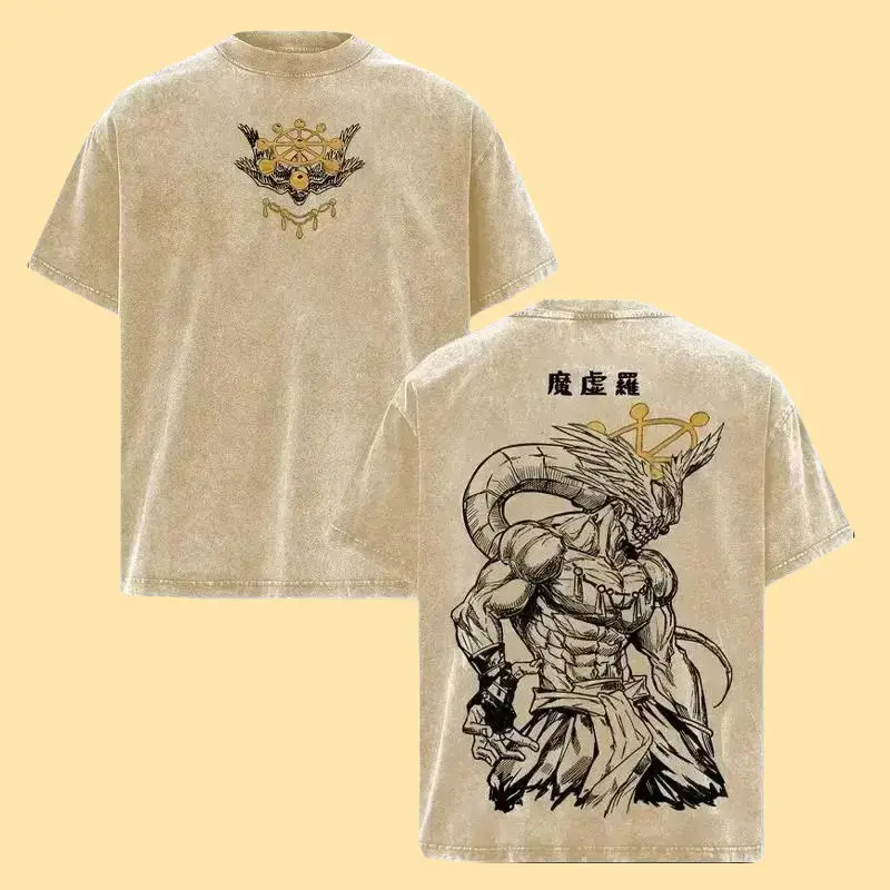 Men's Classic Stylish Jujutsu Kaisen Mahoraga Graphic Shortsleeve Tshirt - Vintage Washed Oversized Dark Streetwear Menswear, Ribbed Round Neck, Soft Cotton Top, Unisex 1-Piece Seamless Apparel, Gift for JJK Fans summer tee casual