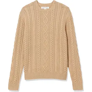 Long-Sleeve 100% Cotton Fisherman Cable Crewneck Sweater Tops Knitwear Menswear Beige Plain Yellow vacation outfits houston rodeo outfits streetwear vacation outfits patchwork hoodie spider hoodies long sleeve tops spider hoodies