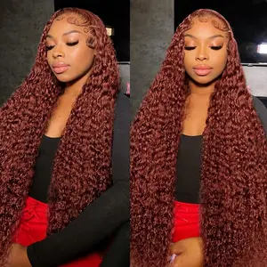 Bling Hair Reddish Brown Deep Wave Pre Plucked Lace Front Wig Human Hair 13x6 13x4 HD Transparent Lace Frontal Wig with Baby Hair 180% Density Brazilian Virgin Hair