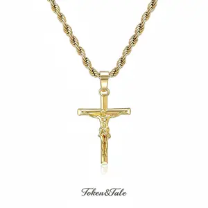 14k gold-plated Jesus Christ Cross pendant necklace, unisex, made of stainless steel, suitable for everyday wear as a religious ornament. Premium Quality Timeless Design