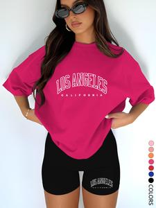 women's letter print short sleeve crew neck tee & skinny shorts, oversized casual fashion two-piece set for daily outdoor wear, ladies clothes for all seasons, crewneck womenswear, casual matching set, beach set