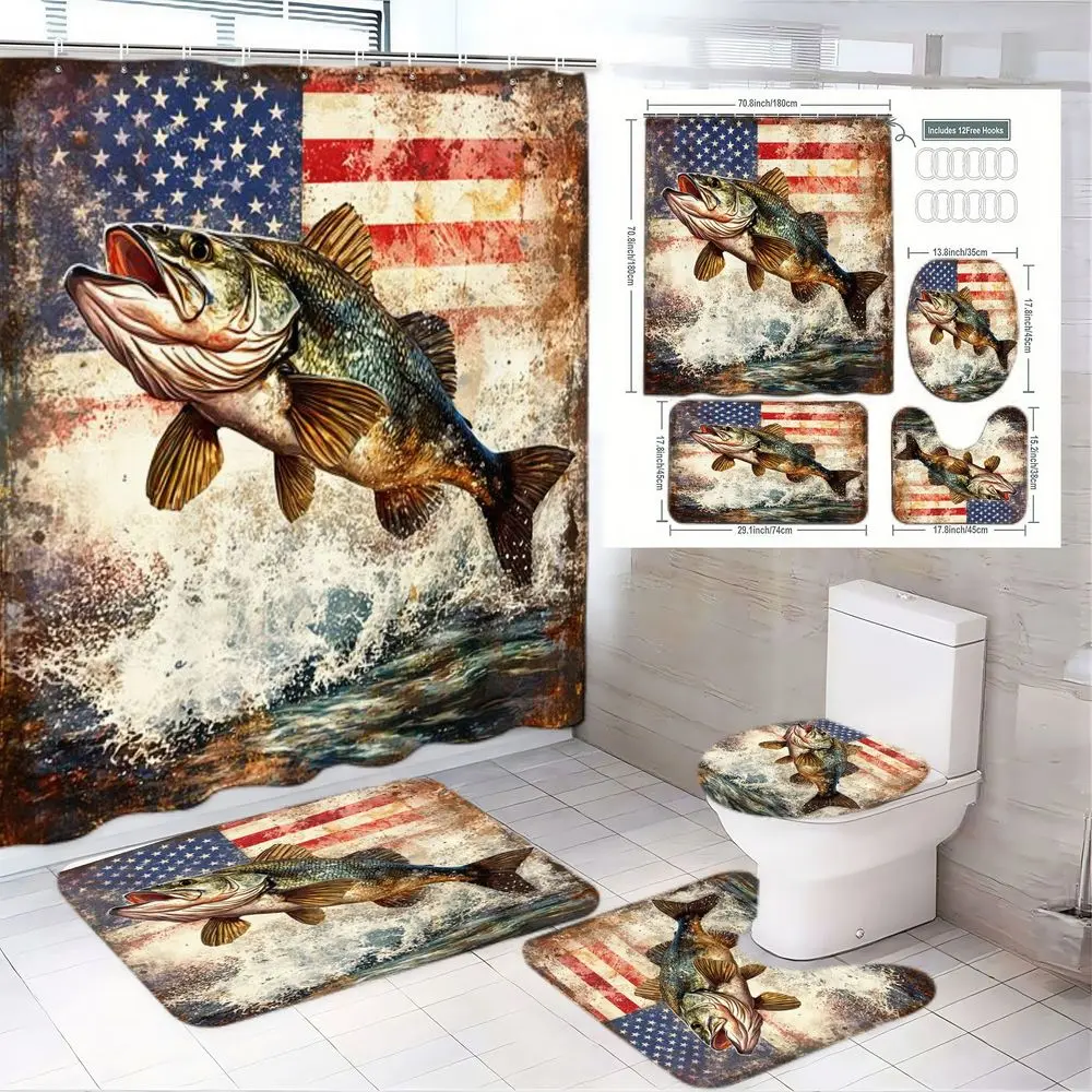 1/4pcs American Flag & Fishing Bass Bathroom Set - Distressed US Flag, Waterproof Decorative Shower Curtain Sets with Leaping Fish, Matching Toilet Seat Cover & 2 Bath Mats - Patriotic Fishing Lover Home Decor - 4th of July, Father's Day, Memo
