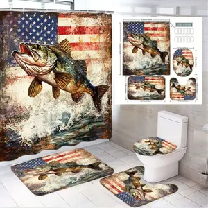 1/4pcs American Flag & Fishing Bass Bathroom Set - Distressed US Flag Shower Curtain with Leaping Fish, Matching Toilet Seat Cover & 2 Bath Mats - Patriotic Fishing Lover Home Decor for Living Room, Bedroom, Office - 4th of July, Father's Day, Memo
