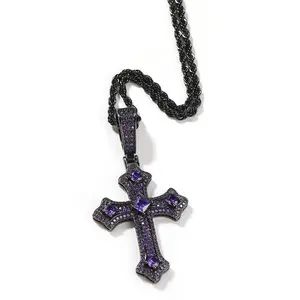 HOLY BLING" Titanium Cross Chain Religious Jewelry Cuban Link Design Purple Zircon Unisex Versatile Accessory High-Quality Materials