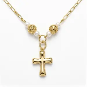 Vintage Cross Pearl Necklace | 18K Gold Plated Gold-Tone Chain Necklace with Pearl Accents | Elegant Statement Jewelry for Women