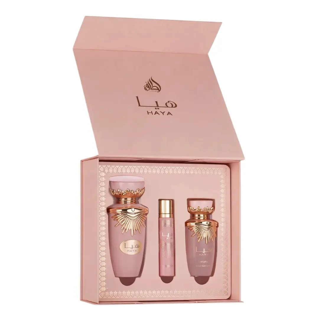 Lattafa Set Haya 3 Pcs 3.4 Oz Edp + 12Ml Travel Spray + 50Ml Hairmist Women