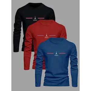 Men's solid color Eiffel Tower and letter printed round neck T-shirt, regular fit, casual and comfortable long sleeved round neck T-shirt suitable for daily wear, spring and autumn men's full topRAIMENTRY