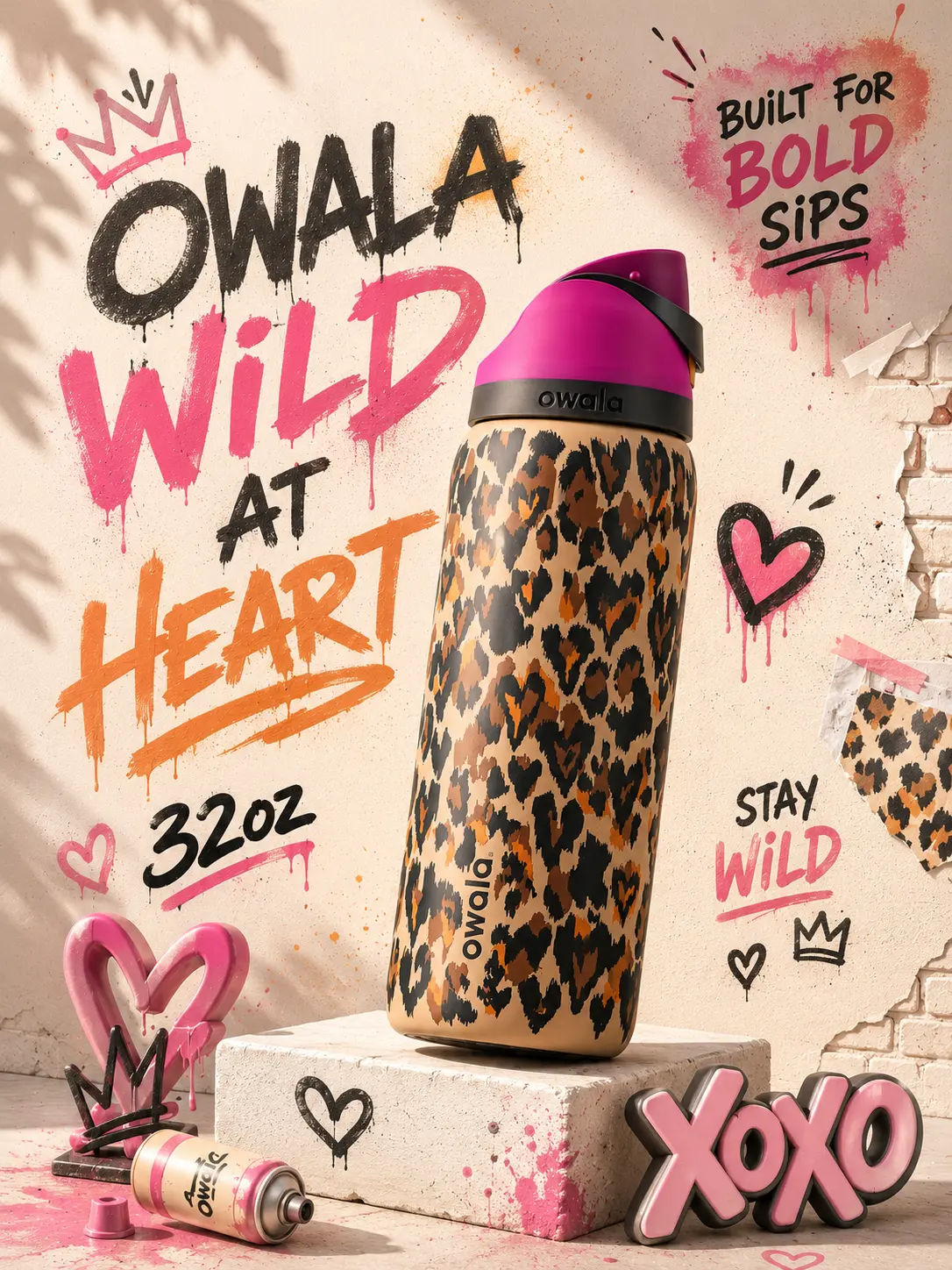 Leopard Aesthetic Water Bottle | Owala Wild At Heart FreeSip 32oz with Vacuum Insulation & Locking Lid, Reusable Leopard Print Bottle for Women