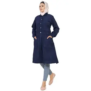 Women's Islamic Warm Corduroy Collar Button Navy Long Tunic