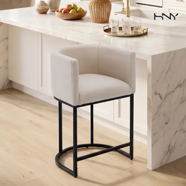 HNY Modern 24" Counter Stool Set of 1 - Linen Upholstered Kitchen Island Chair Barstool with Sturdy Metal Frame, Cream