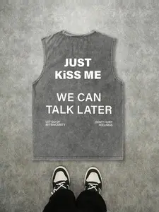 Men's Sleeveless Round Neck T-Shirt, Pure Cotton Material, Casual Street Style, Letter Pattern, Summer Fashion, All Seasons Wear