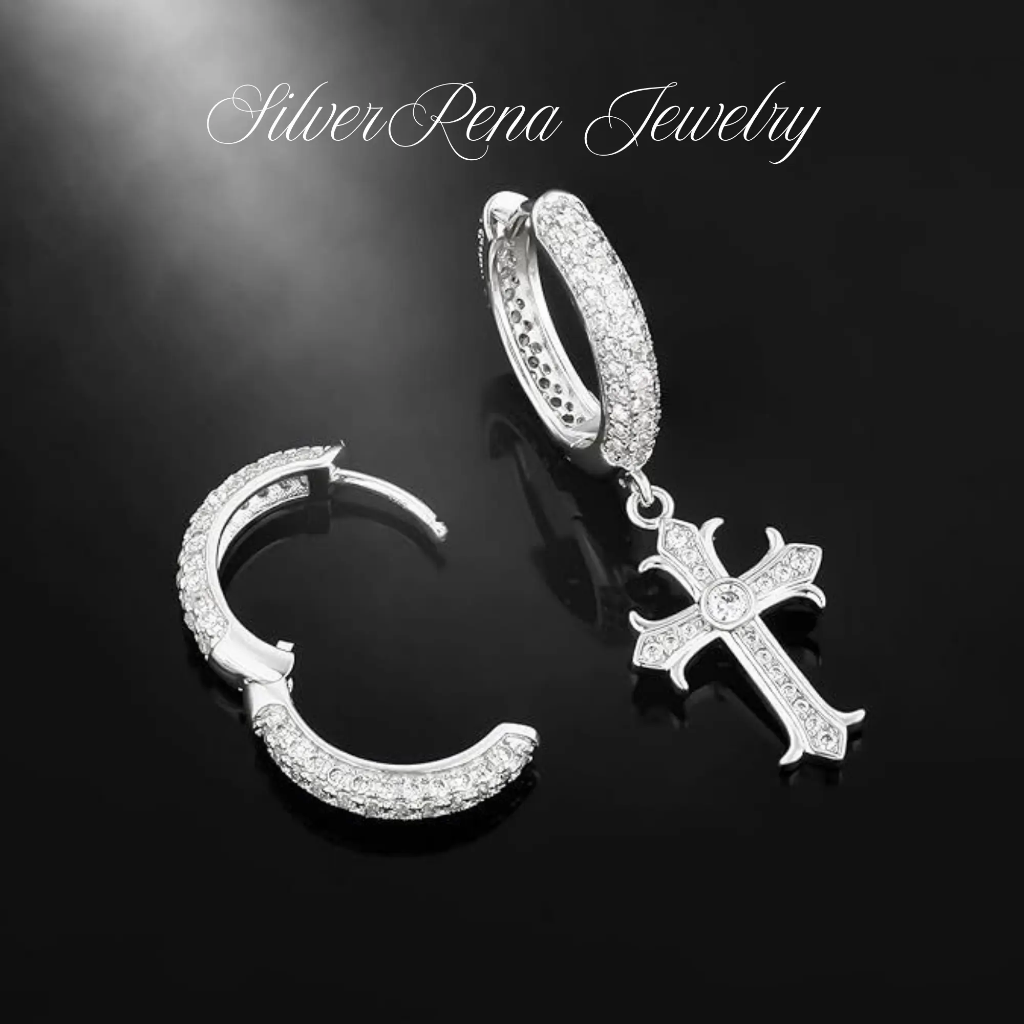 Asymmetrical Cross Huggie Earrings with Sparkling CZ Design, 18K Gold Plated and Synthetic Obsidian Hoop Earrings, Punk Gothic Style, Christians, Mysterious Style Perfect for Daily Wear, Unisex Gift for Friends