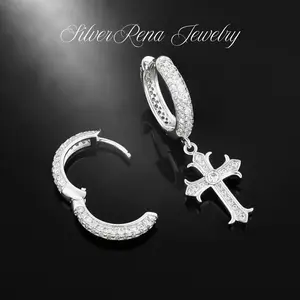 Asymmetrical Cross Huggie Earrings with Sparkling CZ Design, 18K Gold Plated and Synthetic Obsidian Hoop Earrings, Punk Gothic Style, Christians, Mysterious Style Perfect for Daily Wear, Unisex Gift for Friends