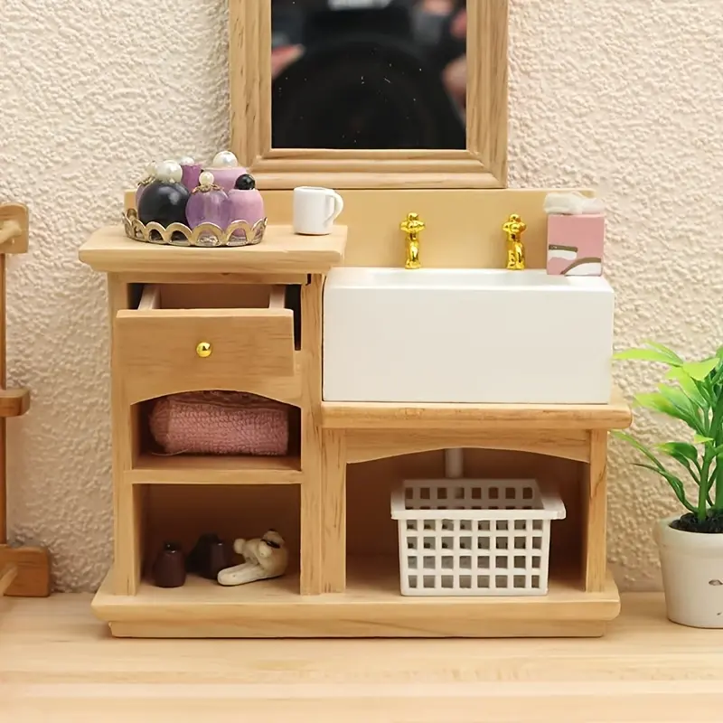 1:12 Dollhouse Miniature Bathroom Kitchen Scene Sink Vanity Wooden Natural Wood Color Christmas Easter New Year Gift