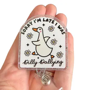 Glitter My Badge Sorry I’m late I was dolly dallying Silly goose badge reel for nurse and hospital workers. Badge clip Badge pull - Retractable swivel clip with a 360 rotation. Great gift for coworker.