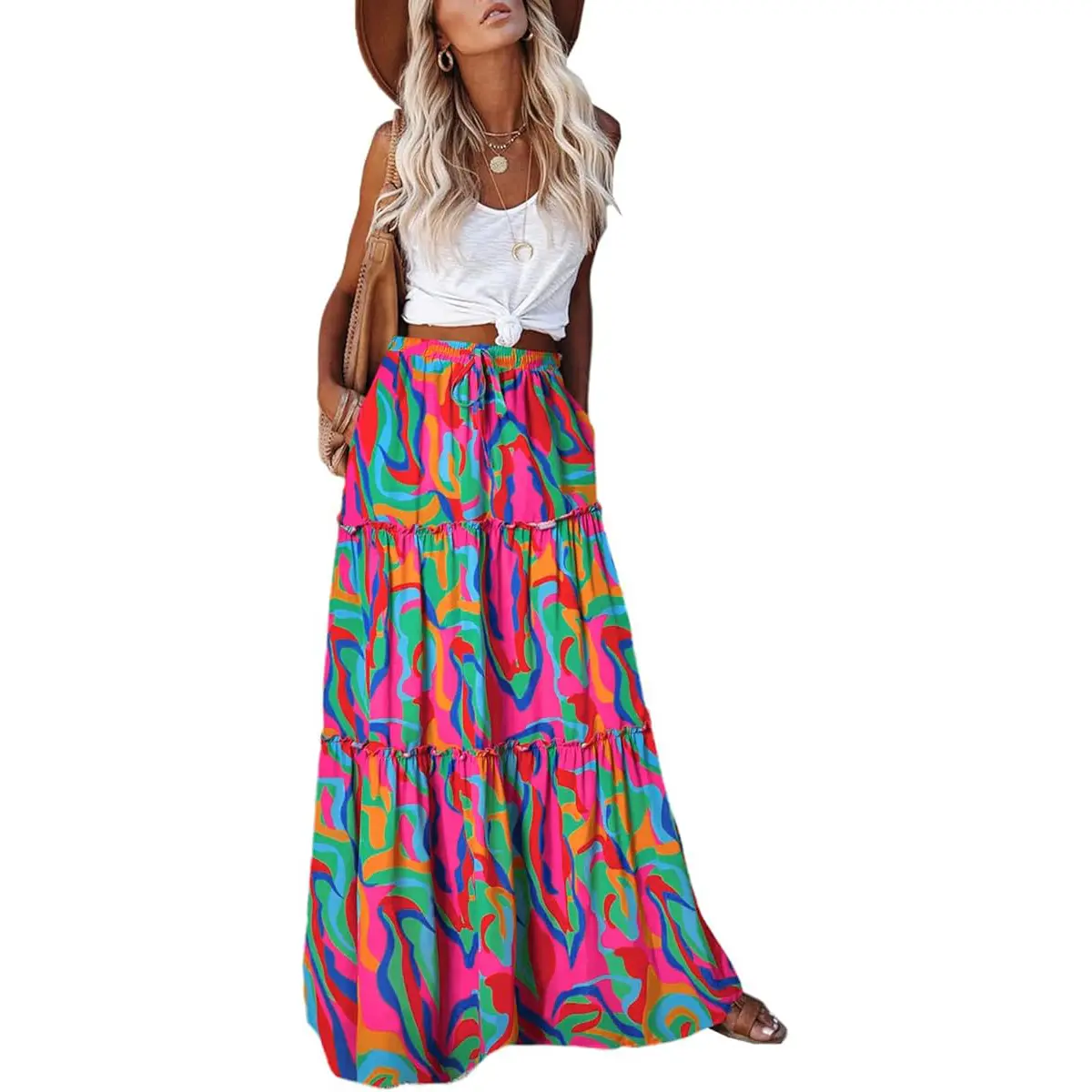 EARKOHA Women's High Waist Polyester Bohemian Chic Fitted Tiered Tie Paisley Print Long Maxi Skirt with Pockets - Boho Beach Skirt, Casual Outfits, Colorful Bottoms, Women's Bottom 65608 (Summervibes, Outdoorfun), Skirts For Women