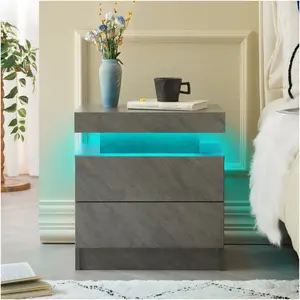LED Nightstand with 2 Smooth Glide Storage Drawers & Built-in Lighting, Deep Gray Modern Wooden Bedside End Side Table Cabinet, Sturdy Space-Saving Easy Assembly Accent Table for Bedroom Living Room Dorm Office Small Spaces