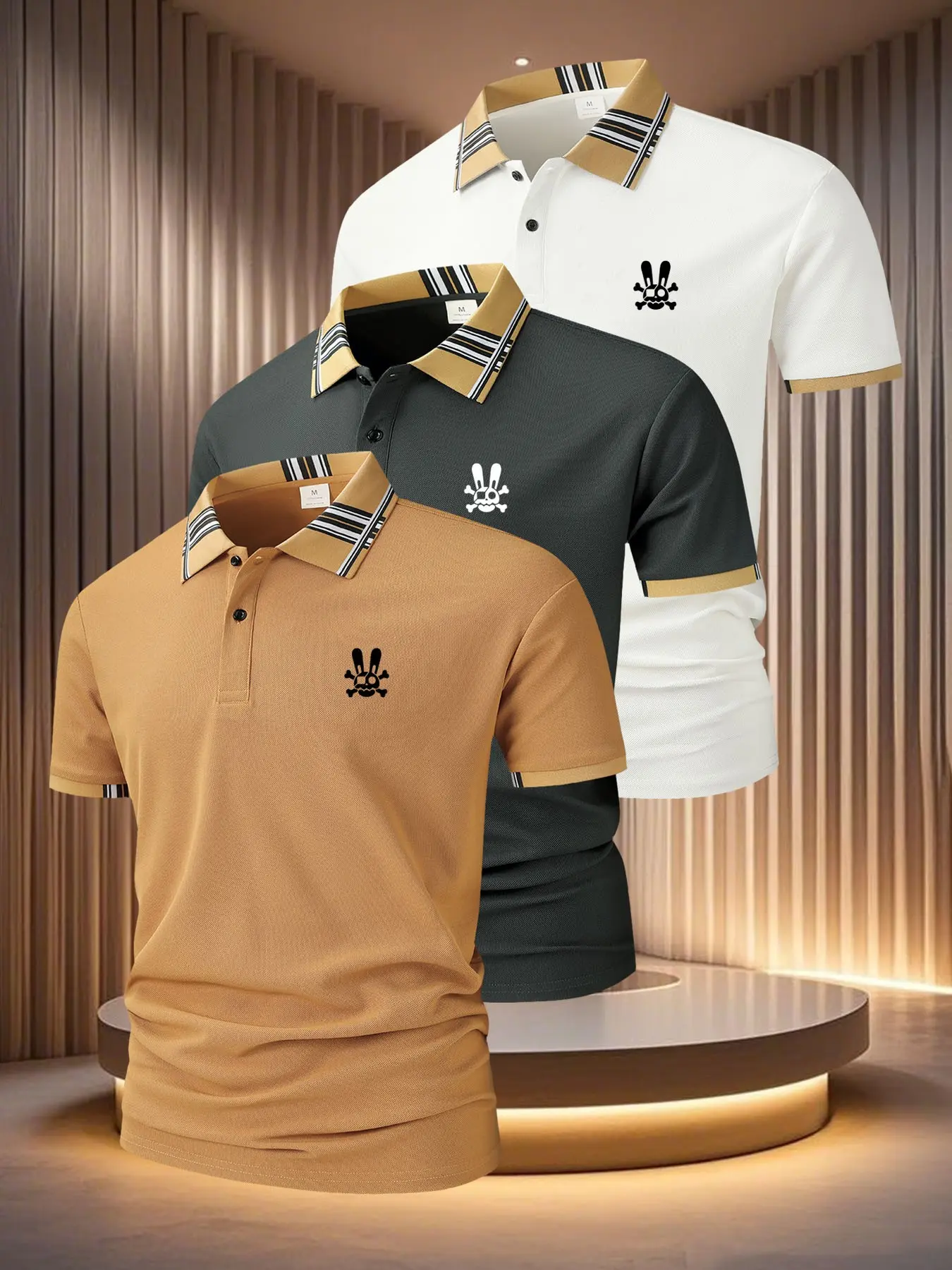 Men's Summer Casual Short Sleeve Polo Set, Cool Casual Comfy, British Style, Classic, Fitted Plain Design, 3-Piece Golf & Outdoor Wear, Aa332 Skull Rabbit Theme