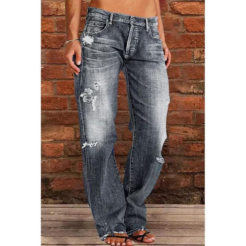 &Women's Ripped Jeans Mid Rise Straight Leg Denim Jean Plus Size Boyfriend Jeans Baggy Flare Pants 90s Hippie Clothes Bottoms Womenswear