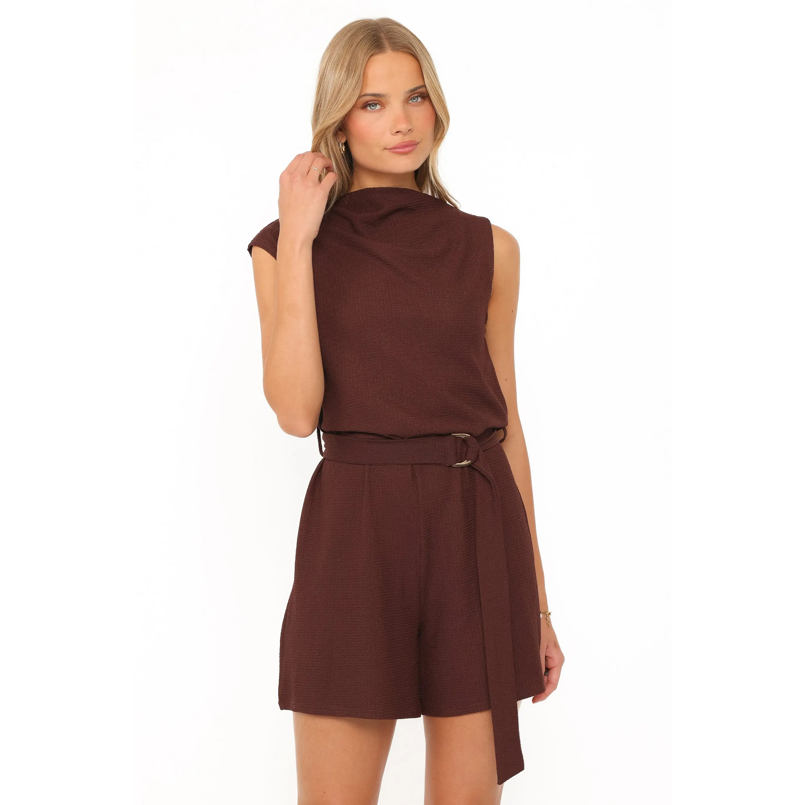 Zaia Belted Knit Romper - Chocolate Brown