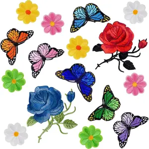 16 count  Butterfly Sunflowers Iron on/Sew on Patches Rose Embroidery Applique Patches for Arts Crafts DIY Decor, Jeans, Jackets, Clothing, Bags