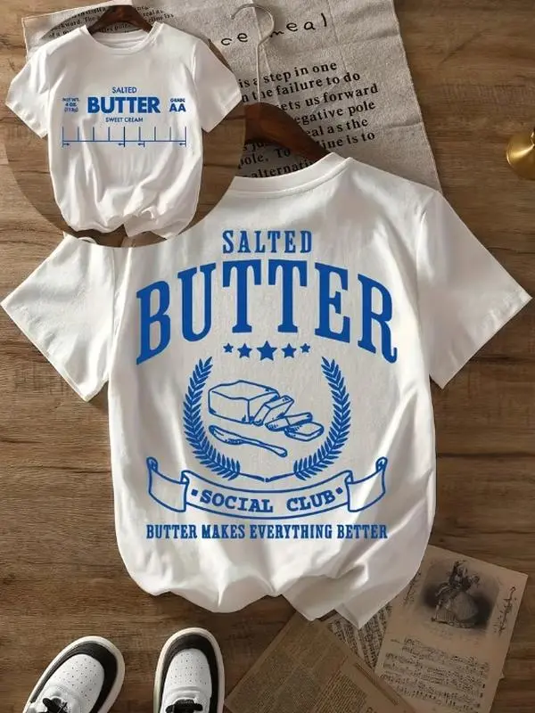 butter Graphic Print T-shirt, Short Sleeve Crew Neck Casual Top for Summer & Spring, Women's Clothing