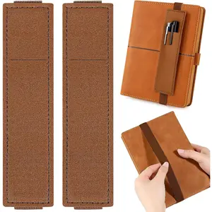 2 Pack Adjustable Elastic Pen Holder for Notebook, PU Leather Pencil Pouch with Stretchable Band, Fits Journals, Binders, Planners, Books, Portable Pen Sleeve Pouch, Brown