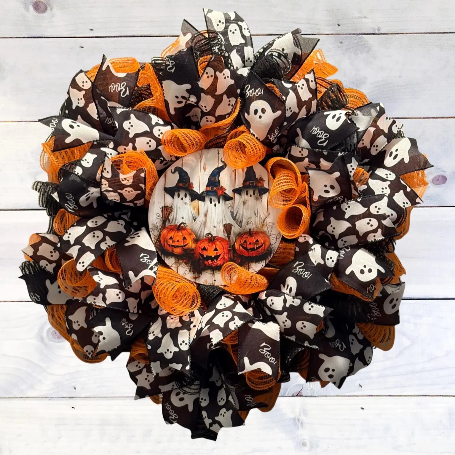 Boo Crew Bash – Halloween Ghost & Pumpkin Mesh Flower Wreath