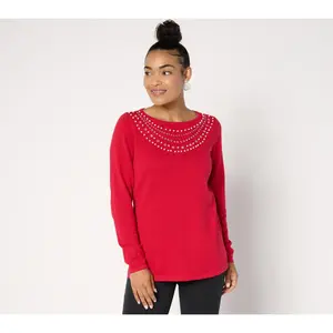 Quacker Factory Pearl and Rhinestone Necklace Long Sleeve Sweater