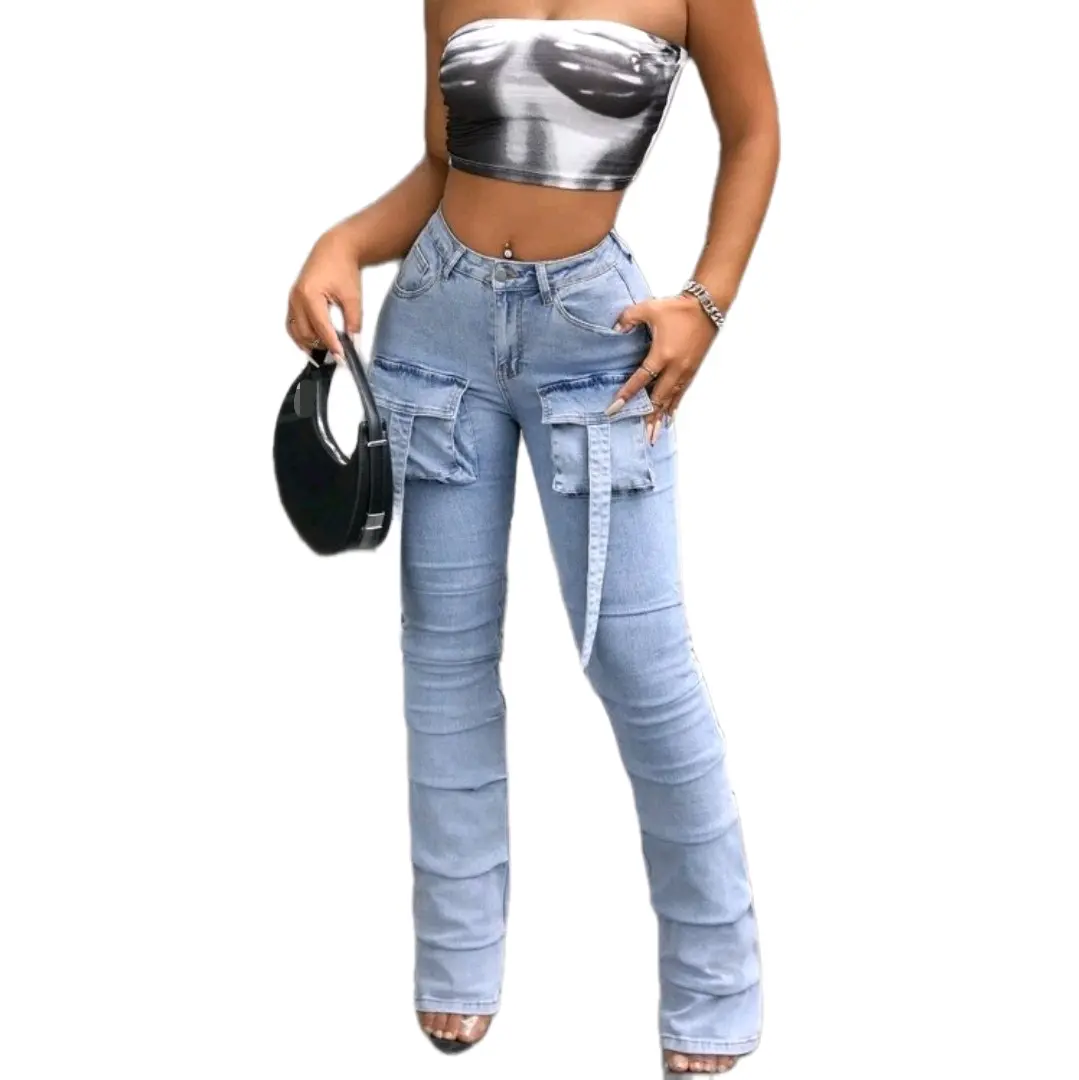 Women's Flap Pocket Side Cargo stack Jeans - Bottoms for Fashionable Style - Womenswear