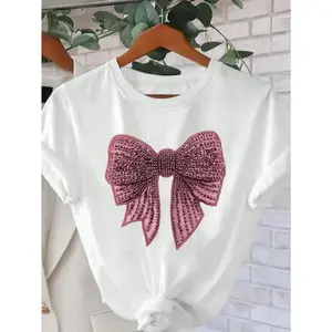 Elegant Glamorous T Shirt with Stunning Embellished Bow Graphic for a Chic Appearance