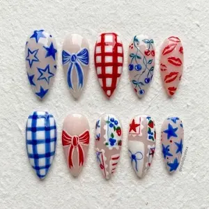 milo.nail&care Americana Cherry Ribbon Press-On Nails, Blue Red Gingham Star Design, Glossy Almond Retro Picnic Inspired Handmade Holiday Nail Art Set