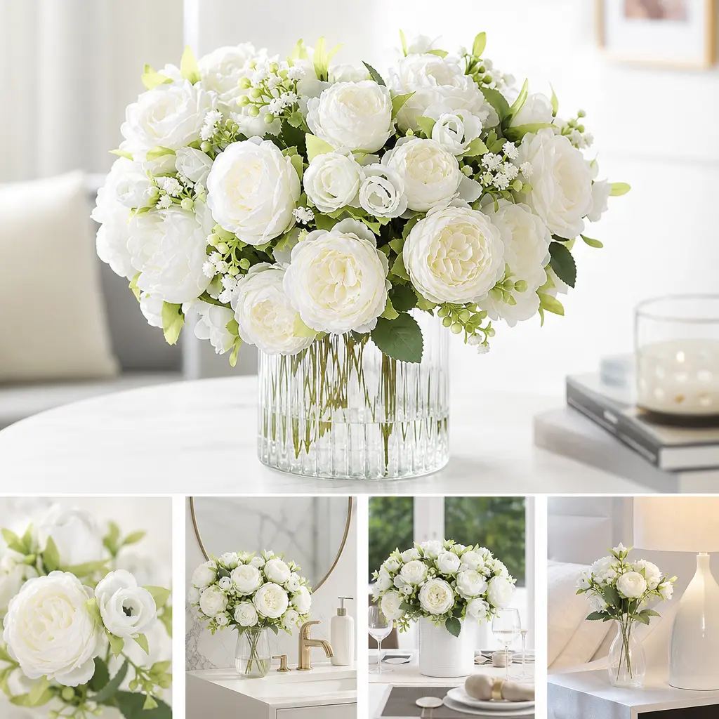 4 Packs White Silk Peonies Artificial Flowers Bouquets Faux Peony Floral Arrangements for Table Centerpiece Wedding Bridal Shower Home Party Table Decor  fall Decor
