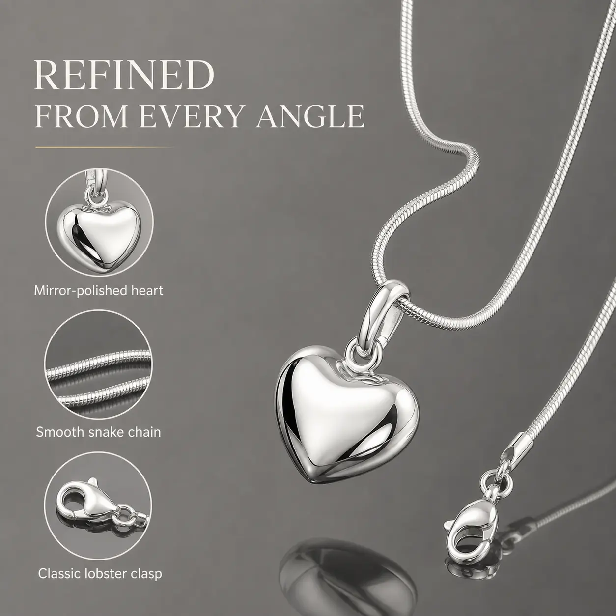 Women's 925 Sterling Silver Minimalist Heart Pendant Necklace with Snake Chain, Chain Jewelry Necklaces for Female, Special Days Gift for Wife (Everyday Wear, Wedding Anniversary)