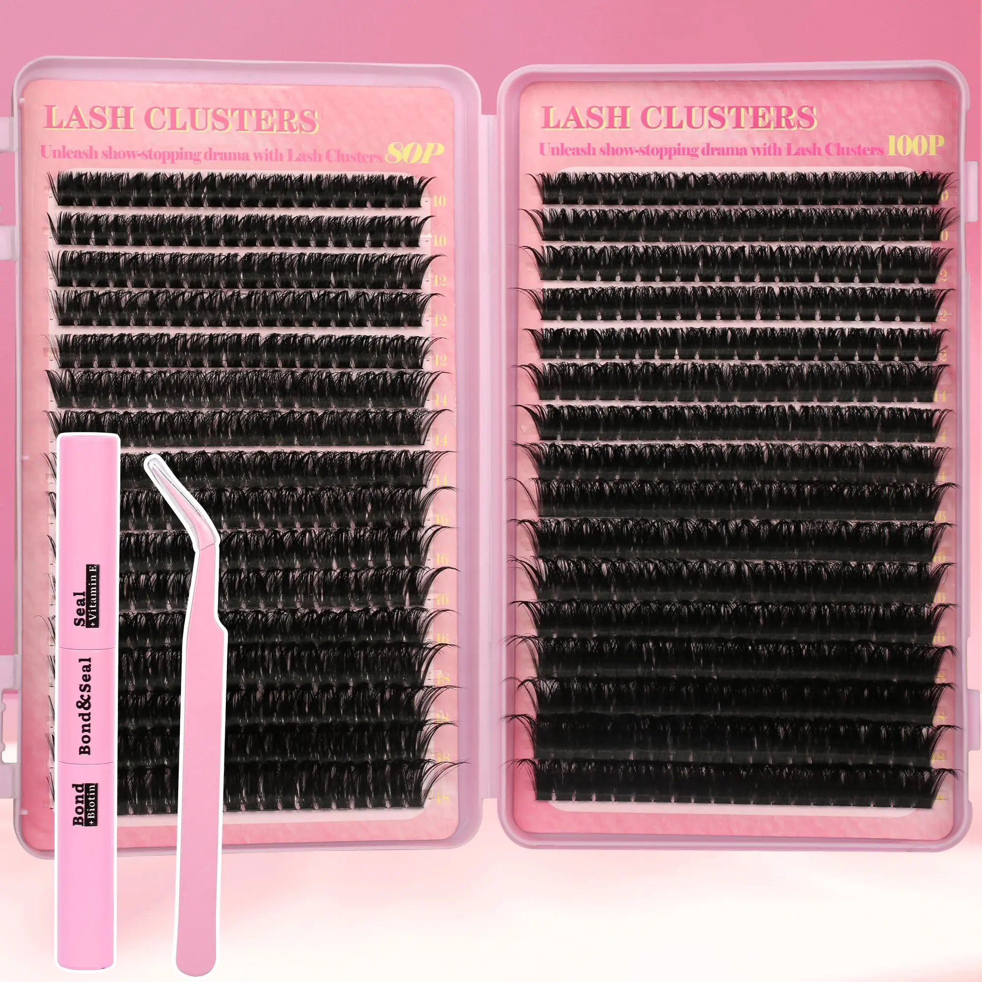 Lash Extension Kit with 640Pcs Volume Lash Clusters, C Curl Cluster Eyelash Extensions DIY Kit with Bond, Seal & Tweezers for Salon Look at Home