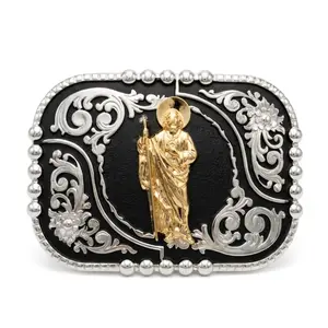San Judas Tadeo Western Belt Buckle – Fondo Negro Saint Jude Hebilla Vaquera Charro Rodeo Belt Buckle Gold Silver Men Gift Fits 1.6 Inch Belts