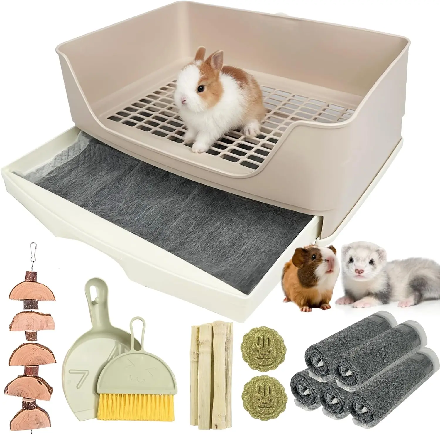 Oversize  Litter Box with Drawer, Corner Toilet Box with Grate Potty Trainer, Bigger Pet Pan for Adult Guinea Pigs, Chinchilla, Ferret, Galesaur, Small , 16.9 inch Long (White)