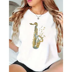 Women's Vintage Saxophone & Music Notes Graphic White T - Shirt, Casual Jazz Music Lover Tee for Music Festivals, Concerts & Daily Wear