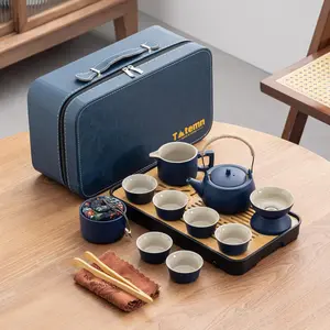 14-Piece Portable Ceramic Travel Tea Set - Chinese Kung Fu Tea Kit with Bamboo Tray & Leather Carry Bag (Blue) for Home/Office/Camping/Gifting