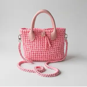 PINK Crochet Handbag with Detachable Chain Strap and Leather Handles for Everyday Use