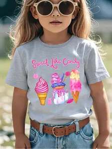 Girls' Sweet Like Candy T-Shirt, Cute Cartoon Print, Comfortable Soft Fabric, Summer, Fitted Style, Kids Clothing