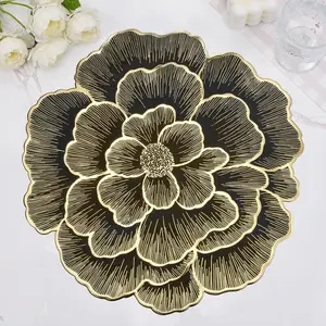 Gold Round Placemats for Dining Table Set of 8, Pressed Floral Place Mats 15 Inch Vinyl Table Mats for Chrismas Holiday Party Decoration- Black Gold