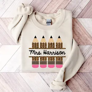 Custom Teacher Shirt With Leopard Print Pencils, Personalized Teacher Sweatshirt, Cozy Sweatshirt, Back To School 34XHO