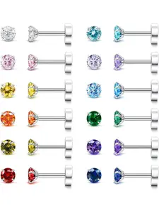 Classic 12 Pairs Colorful 20G Birthstone Stud Earrings Simple Flat Back Screw Back Stainless Steel Earrings for Women Men Shining Cubic Zirconia Earrings Piercing Ear Cartilage Jewelry Set