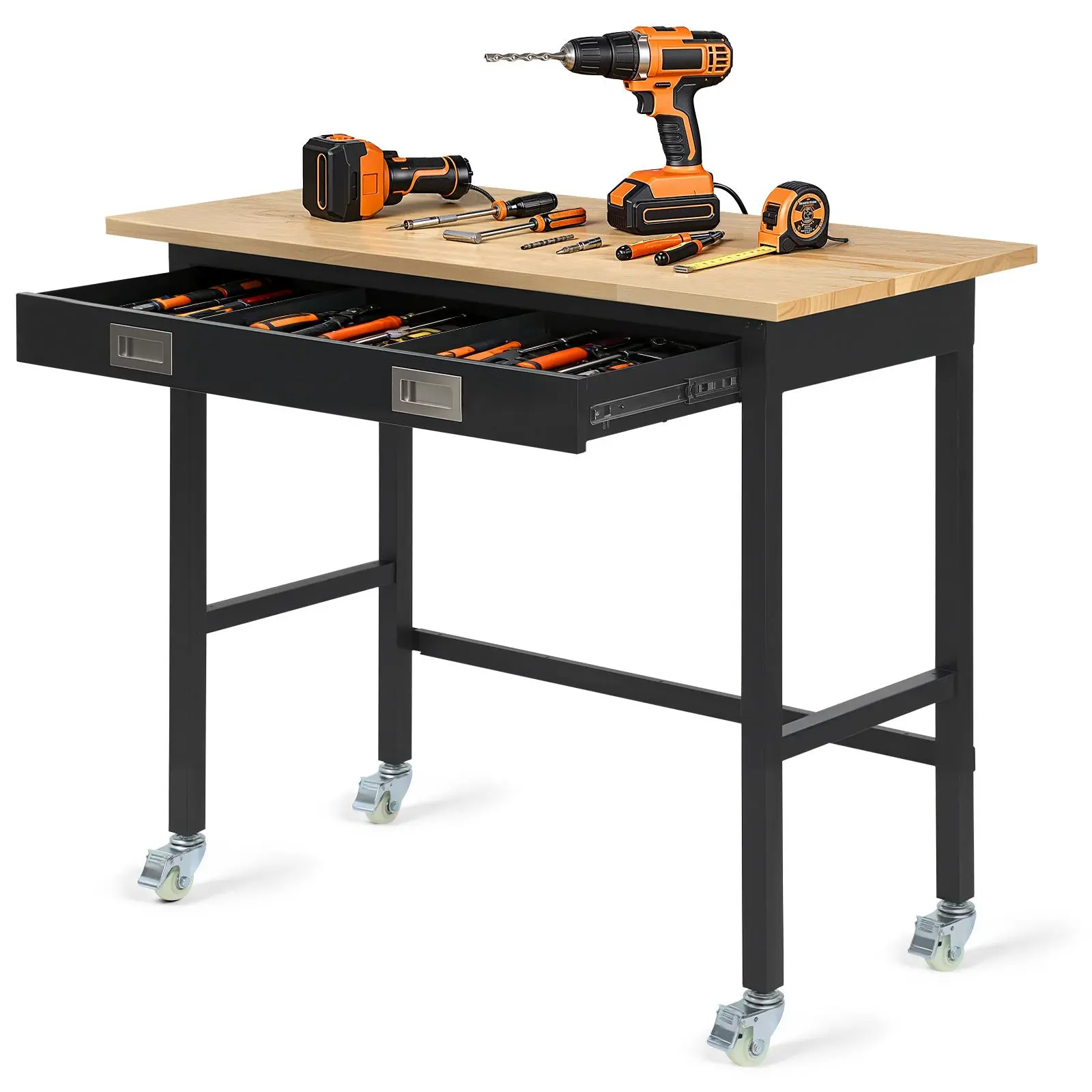 【toolupgrade】VEVOR 48-inch Workbench, 1500 lbs Load Capacity, Garage Workbench with Drawer Storage & Wheels, Workshop Bench on Wheels, Heavy Duty Oak Wood Top Work Table for Garage, Workshop, Office, and Home