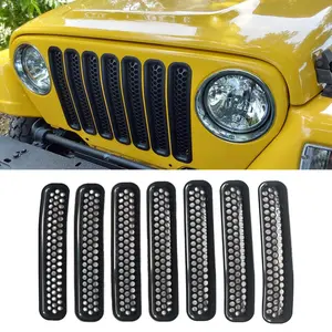 7pcs Mesh Grill Front Grille Trim Inserts Cover Guards For Tj 1997 1998 1999 2000 2001 2002 2003 2004 2005 2006(black)