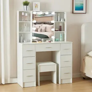 Vanity Desk Set with LED Lighted Mirror and Padded Stool White Makeup Dressing Table with 7 Drawers & 6 Shelves