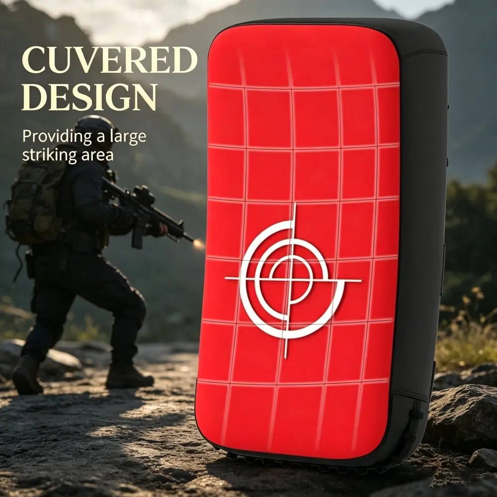 Curved PU Leather Kicking Shield and Strike Pad with Shock-Absorbing Foam for Boxing, Muay Thai, MMA Training - Red Boxing Equipment with Adjustable Straps, Unisex, 16.5X8.7"